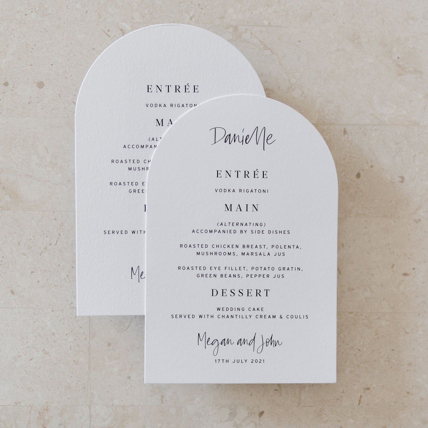 Megan and John Menu Cards
